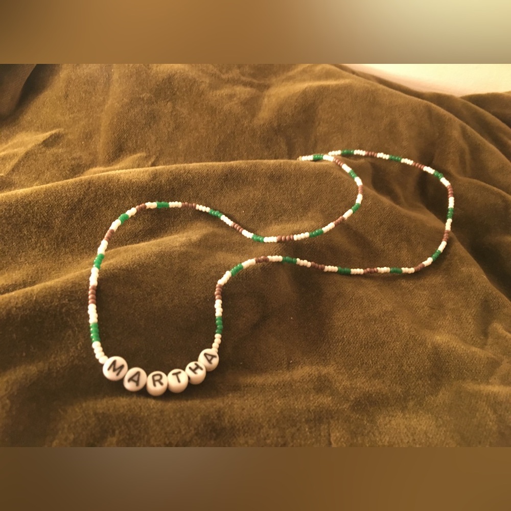 Vintage Handmade Martha necklace, glass seed beads in mauve, green & white